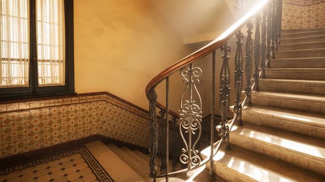 Elegant spiral staircase in a classic building with ornate wrought iron railings and decorative floor tiles bathed in warm natural sunlight
