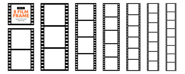 Film Photo Reel Strip Frame Set. Cinema Movie Film Camera Roll Kit. Photo Booth Reel Strip Frame Collection. Vector Graphic Clipart Elements