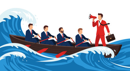 Business Team Rowing Boat in Stormy Seas, Leadership Concept, Vector Illustration © PDWN Creative