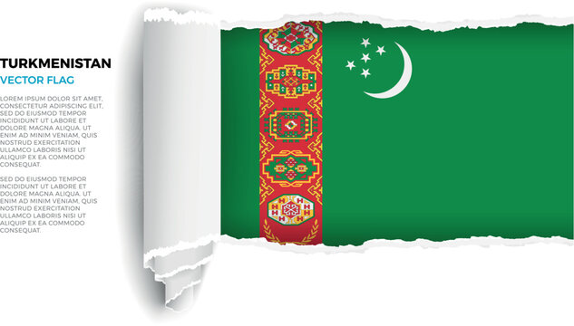 Flag of Turkmenistan. Flag revealed through torn paper rolled up on a transparent background