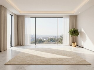 Obraz premium Bright Modern Living Room Interior with City View, Beige Rug, and Stylish Decor in Minimalist Design