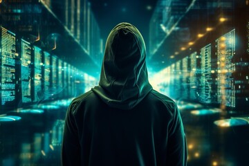 Hooded figure standing in a digital server room representing data security and cybercrime
