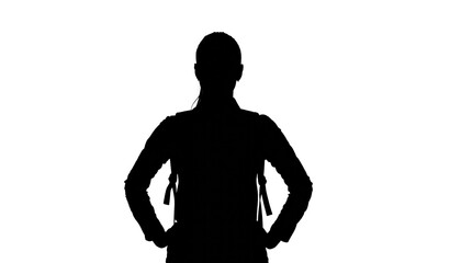 Silhouette of a person standing confidently with hands on hips wearing a backpack against a white background cutout