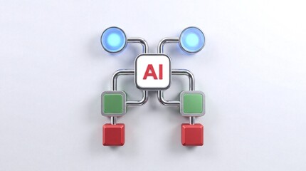 Obraz premium Artificial intelligence concept with glowing nodes and connected blocks representing data flow and processing