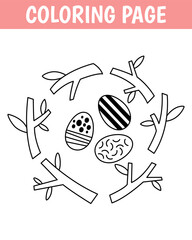 Naklejka premium Easter coloring page, cute print with line nest with eggs. Printable worksheet with solution for school and preschool. Vector cartoon illustration.