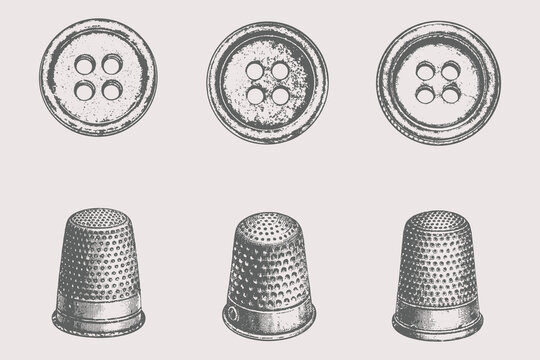 Hand-drawn retro sewing button, thimble vector illustration. Various Buttons, drawing, engraving, ink, line art, vector. Eps 10