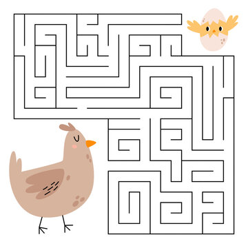 Easter maze game for kids. Cute chicken looking for a way to the chick. Printable worksheet with solution for school and preschool. Vector cartoon illustration.