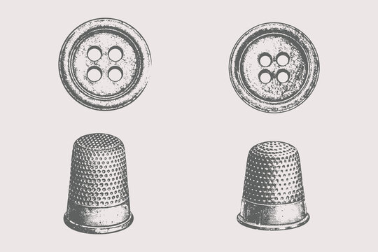 sewing buttons and thimbles in drawing, engraving, ink, line art style vector illustration. Eps 10