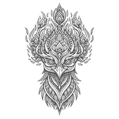 Fototapeta premium Intricate black and white drawing of a mythical bird's head with elaborate patterns and flame-like motifs, resembling a phoenix or garuda in a spiritual, ornamental style.