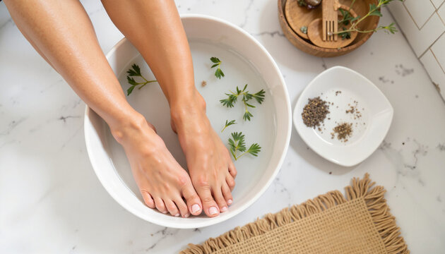 Relaxing feet soaking in herbal water bowl on bathroom floor, self-care