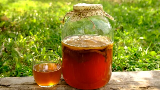 Kombucha in a jar at home. Selective focus.