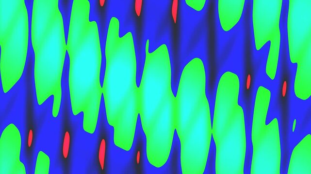 Neon green squiggles and red dots on blue background