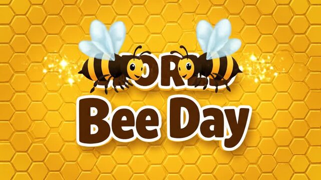 World Bee Day text with happy cartoon bees on honeycomb background