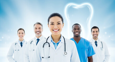 Fototapeta premium Group of smiling doctors and nurses with a glowing tooth symbol in the background medical team