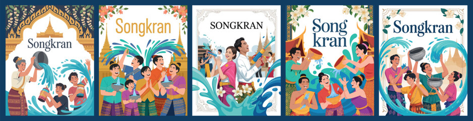 Obraz premium Songkran Festival Water Splash Celebration Collection with Thai Traditions and Culture