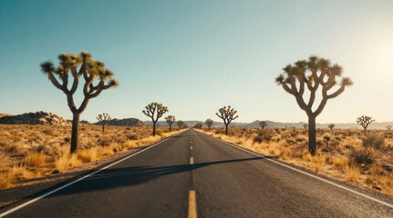 Fototapeta premium Desert Highway Landscape with Joshua Trees and Blue Sky, Representing Travel and Adventure