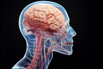 Human head anatomy with visible brain, skull, neural pathways, and blood vessels