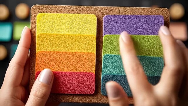 Colorful sticky notes arranged in rainbows on a corkboard surface