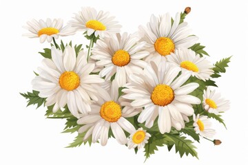 Obraz premium Daisy flowers with green leaves forming a fresh natural bouquet