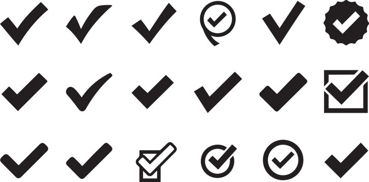Black check marks in various styles and shapes on white background tick correct
