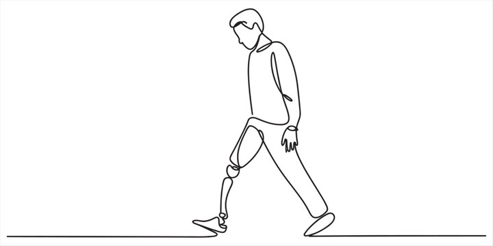Continuous line drawing of a man walking with a prosthetic leg on a white background Vector, illustration