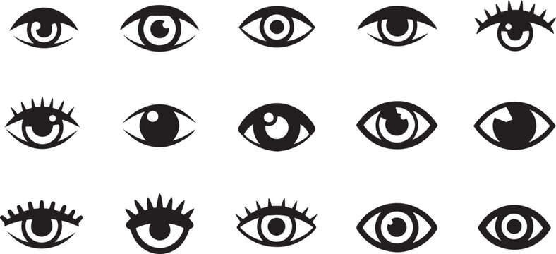Collection of fifteen black and white eyes with varied eyelashes and expressions symbols vision sight