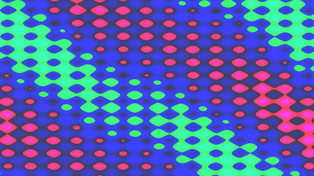 Vibrant blue field dotted with red and green patterns