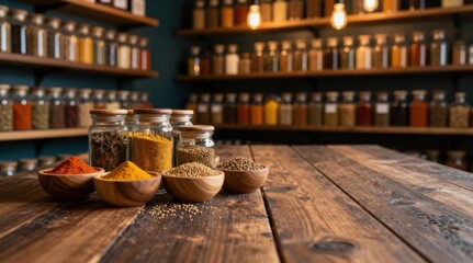 Assortment of Colorful Spices Displayed in Wooden Bowls and Glass Jars on Rustic Wooden Table