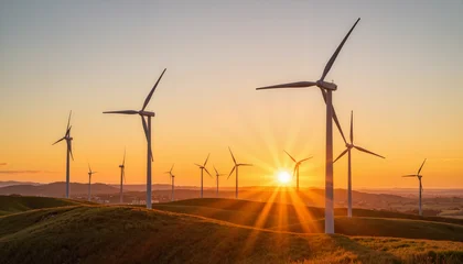Handdoek met foto Meloenkleur Wind turbines spinning at sunset over grassy fields, renewable energy  © Valeriy
