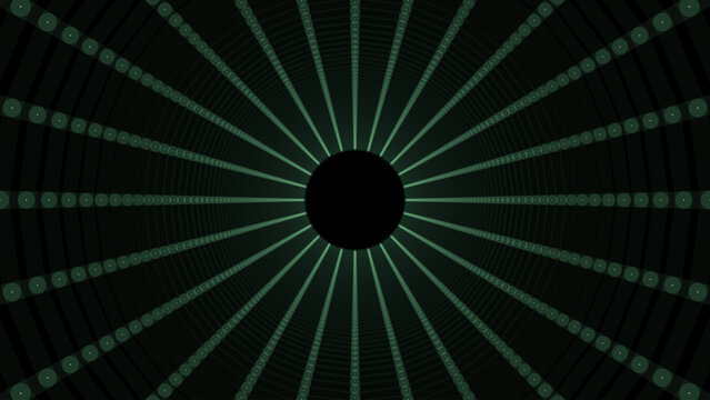 Abstract wireframe circular tunnel. Vector green wormhole. 3D portal grid. Futuristic fantasy funnel.