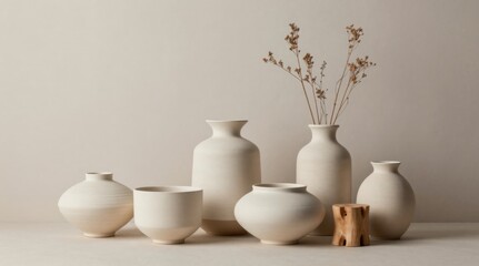 Fototapeta premium Minimalist Ceramic Vases with Dried Floral Arrangement on a Neutral Background for Interior Design