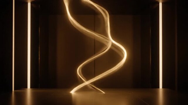 A golden spiral light sculpture illuminated by vertical beams in a dark room