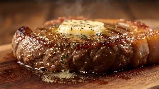 Close-up of a perfectly seared and sizzling steak, richly topped with a pat of melting butter and fresh aromatic herbs, glistening on a rustic wooden board, a savory culinary delight