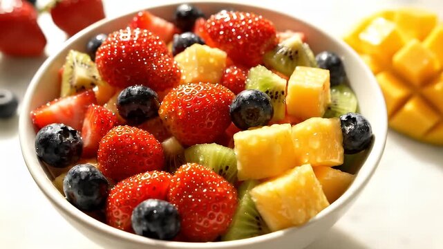 A close-up shot of a vibrant and refreshing fruit salad bowl, bursting with juicy strawberries, blueberries, kiwi, and pineapple chunks, perfect for a healthy breakfast or a light snack