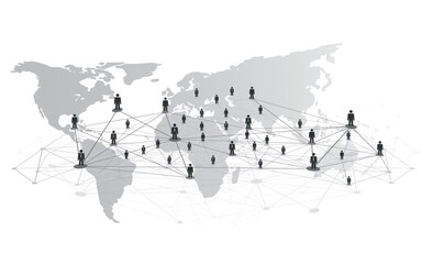 Black and White Modern Style Global Networks, Worldwide Business, IT Connections - Social Media Concept Design with Globally Connected People, Geometric Polygonal Mesh and World Map - Vector Template © bagotaj