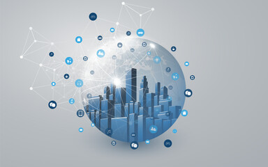 Futuristic Blue Smart City, IoT and Cloud Computing Design Concept with Polygonal Mesh Globe, Nodes, Cityscape, Skyscrapers, Towers Inside - Digital Network Connections, Grey 3D Technology Background © bagotaj