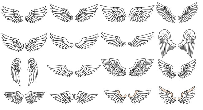 Set of hand drawn simple angel wings vector illustrations. Collection of sketch feather wing outlines. Black and white doodle design elements for logo or tattoo.