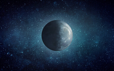 Obraz premium Moon in outer space against a starry sky, half illuminated and half in shadow. Detailed lunar surface with craters surrounded by deep blue space, stars. Elements of this image furnished by NASA