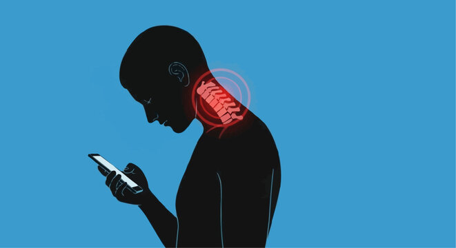 Tech neck syndrome vector illustration showing spinal pain from looking at smartphone.