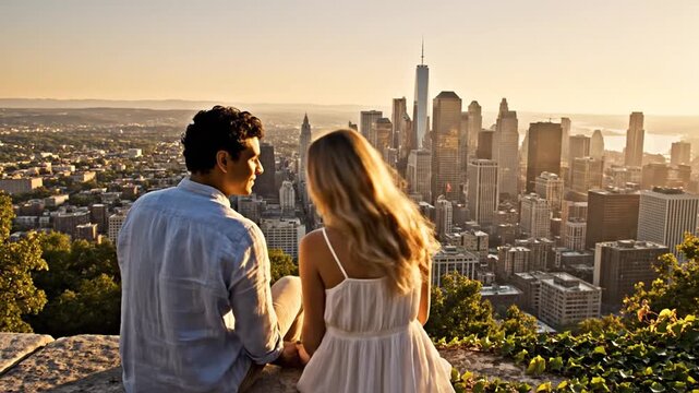Couple watching Manhattan skyline from viewpoint at golden sunset