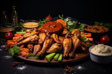 Roasted chicken wings and drumsticks serving on a wooden platter with celery sticks, carrots, and various sauces