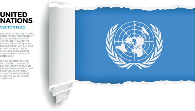 Flag of United Nations. Flag revealed through torn paper rolled up on a transparent background