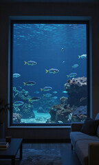 Fototapeta premium Tropical fish swimming in large built-in aquarium wall inside modern dark living room interior
