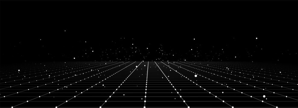 Technology wireframe landscape. Vector perspective grid. Digital space. White mesh on a black background.