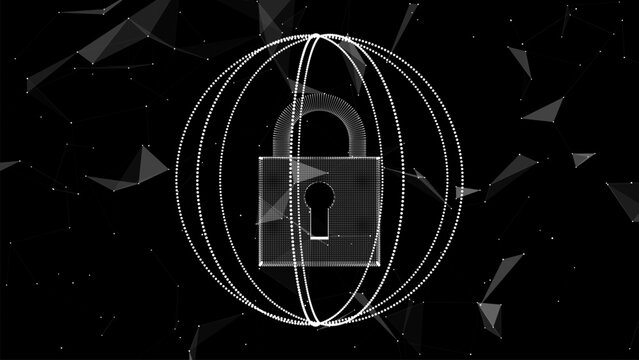 Abstract black sphere in AI big data network connection. Futuristic flow of dots and lines. Science background. 3D model dynamic security circle. Global technologies. Vector.