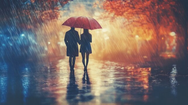 A couple walks hand-in-hand under a red umbrella in a rainy city at night.  Romantic and peaceful scene