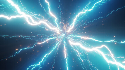 Intense blue and white lightning strikes radiating from a central point against a dark blue background with sparks