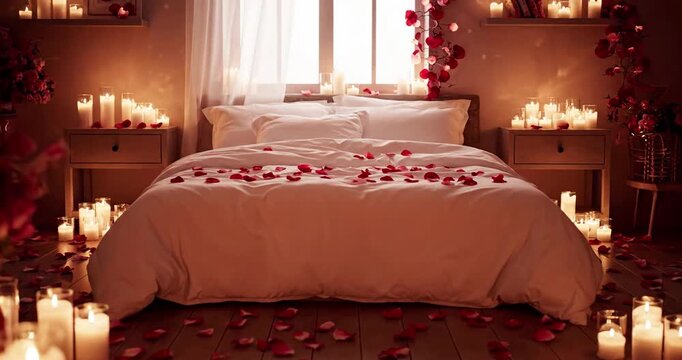 Romantic bedroom bed with red rose petals

