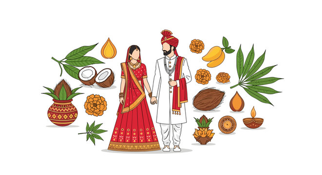 Happy indian wedding couple vector illustration standing with traditional ritual elements, coconut, mango leaves, diya and marigold flowers. Hindu marriage ceremony decoration.