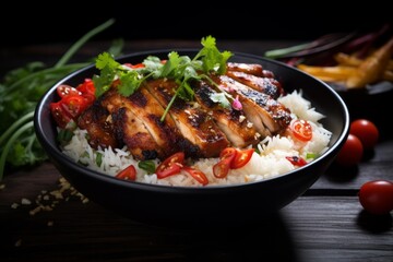 Fototapeta premium Teriyaki chicken slices topping a bed of white rice with cilantro and tomatoes